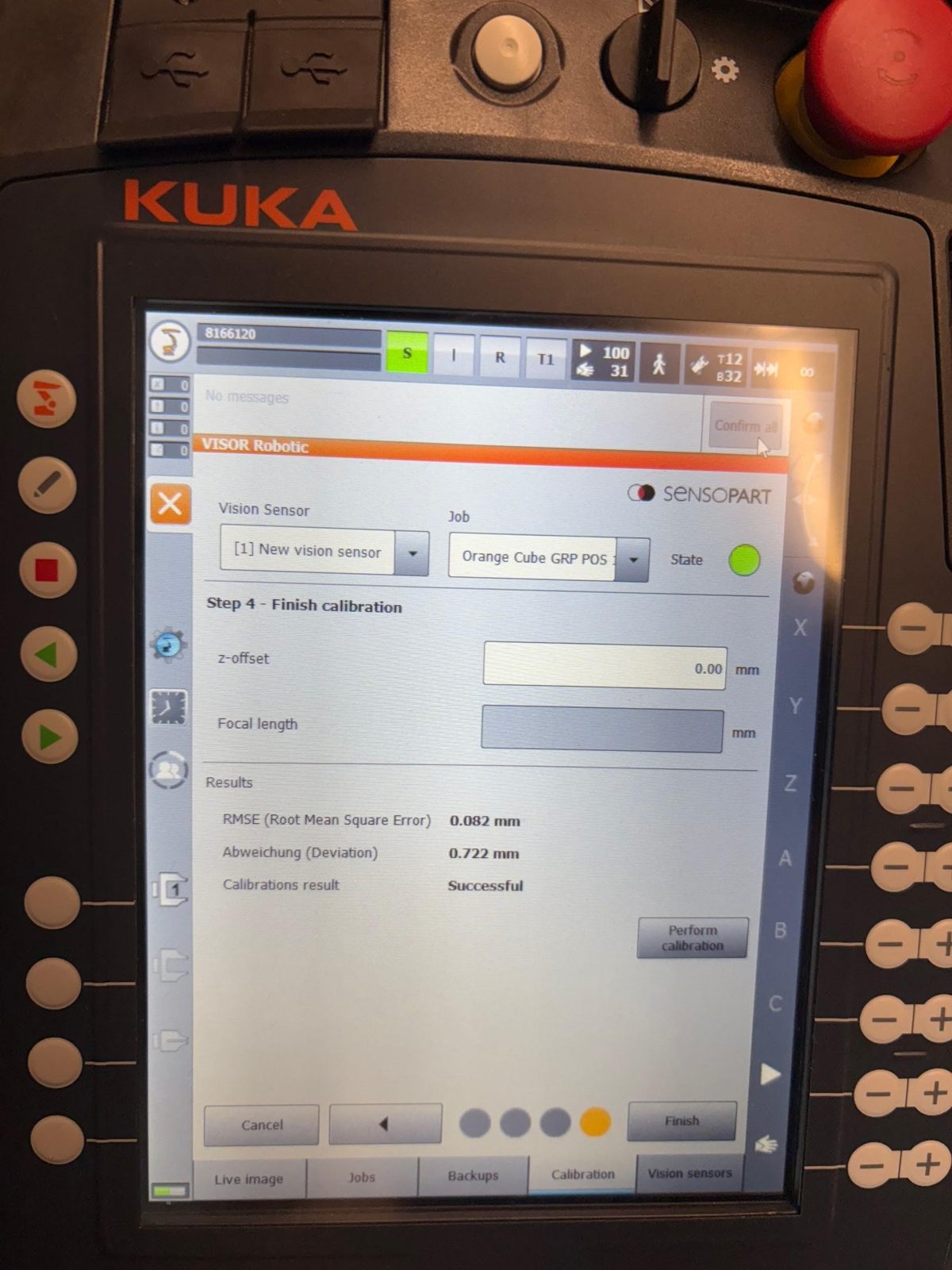 KUKA pendant showing vision calibration